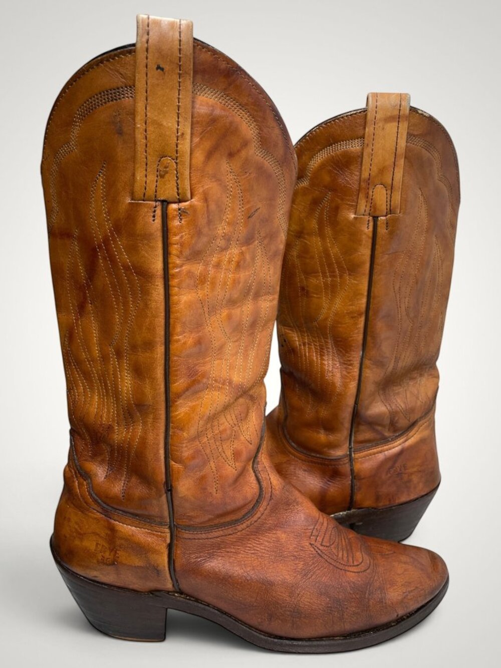 Vintage Frye USA Made Brown Marbled Leather Western Cowboy Boots Men's 10.5 D